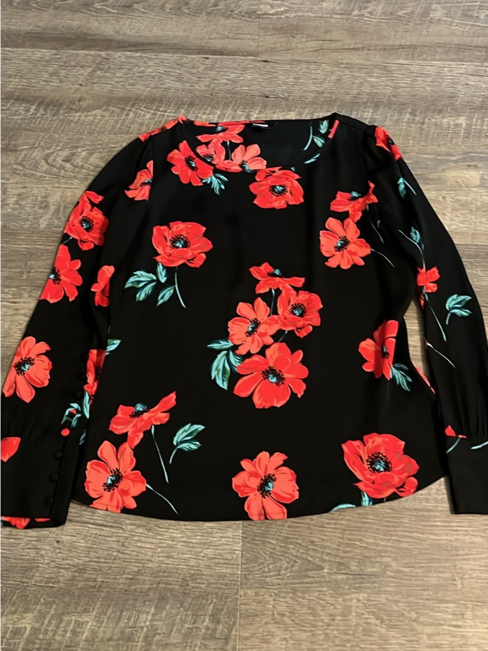 Express Black Blouse with Red Floral Print